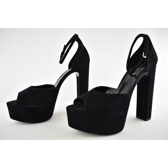 Saint Laurent Jodie Black Suede Platform Ankle Strap Sandal Block Heel Pump 42 - Picture 10 of 12